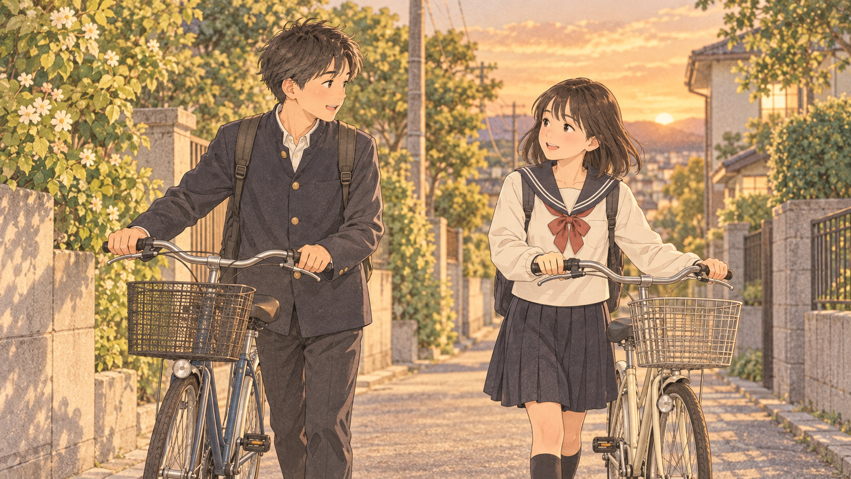 夕方に自転車を押して並んで帰る中学生たちのイラスト