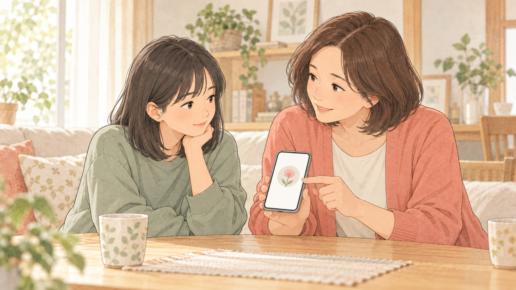 花の画像に変えたスマホのアイコンを娘に見せる母親のイラスト
