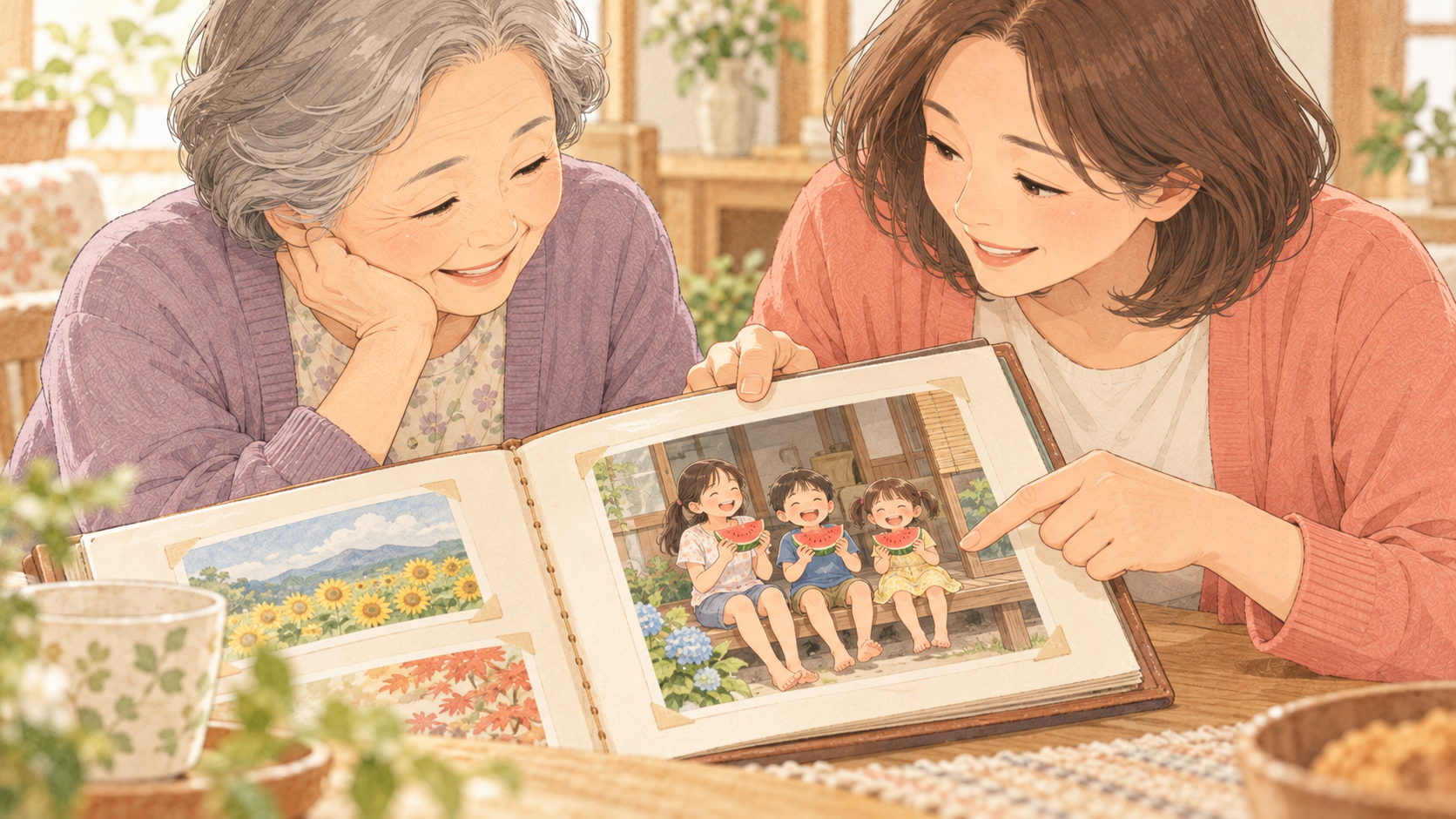 家族のスイカの思い出写真を紙のアルバムで眺めるイラスト