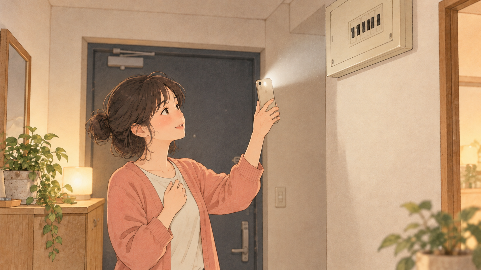 一人暮らしの部屋でスマホのライトを使い分電盤の場所を確認する大学生のイラスト