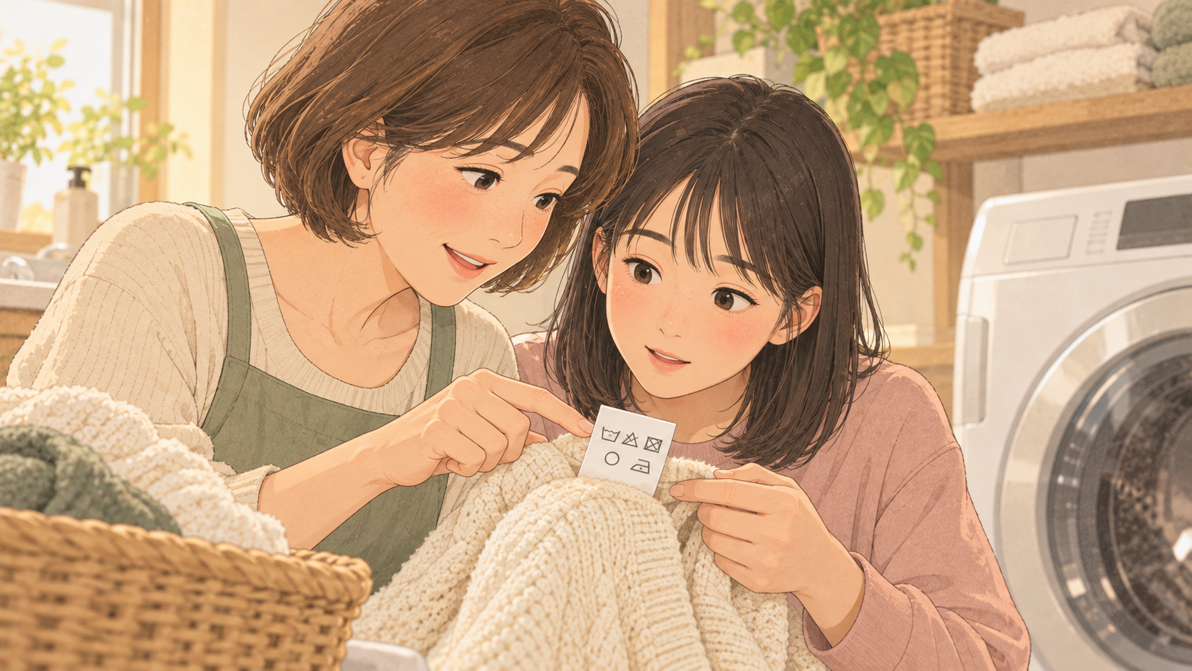 ニットの洗濯タグを親子で確認するイラスト