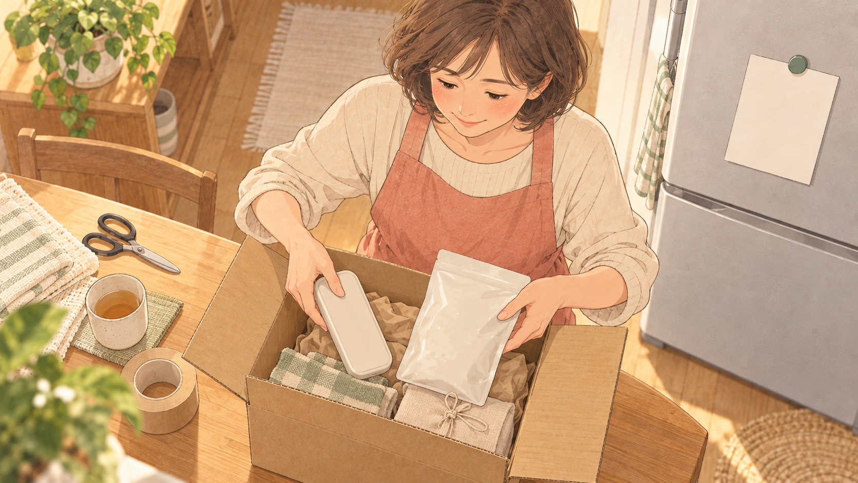 体温計とおかゆを仕送りの箱に詰める母親の手元のイラスト
