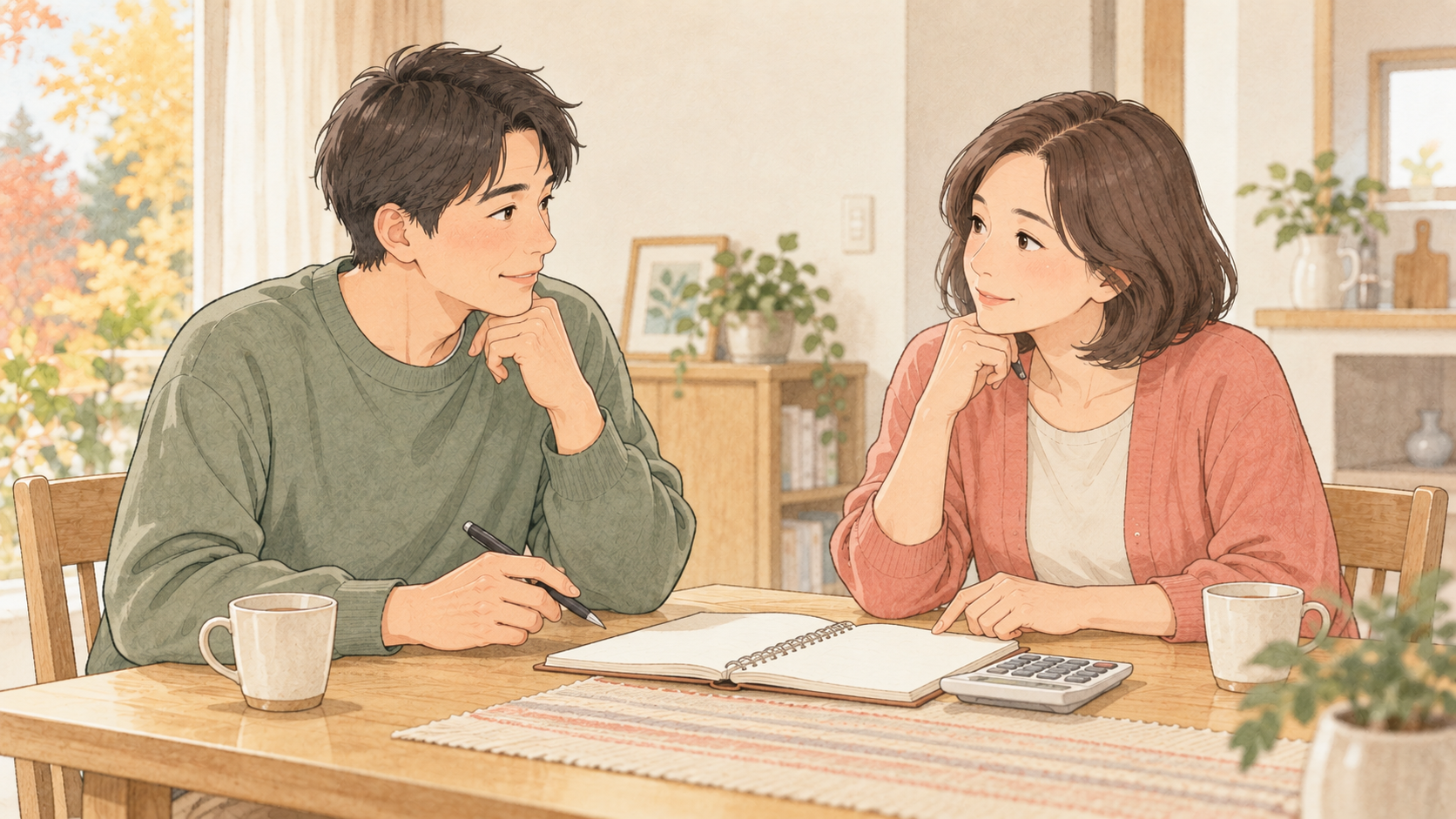 クリスマスプレゼントの予算を食卓で相談する夫婦のイラスト
