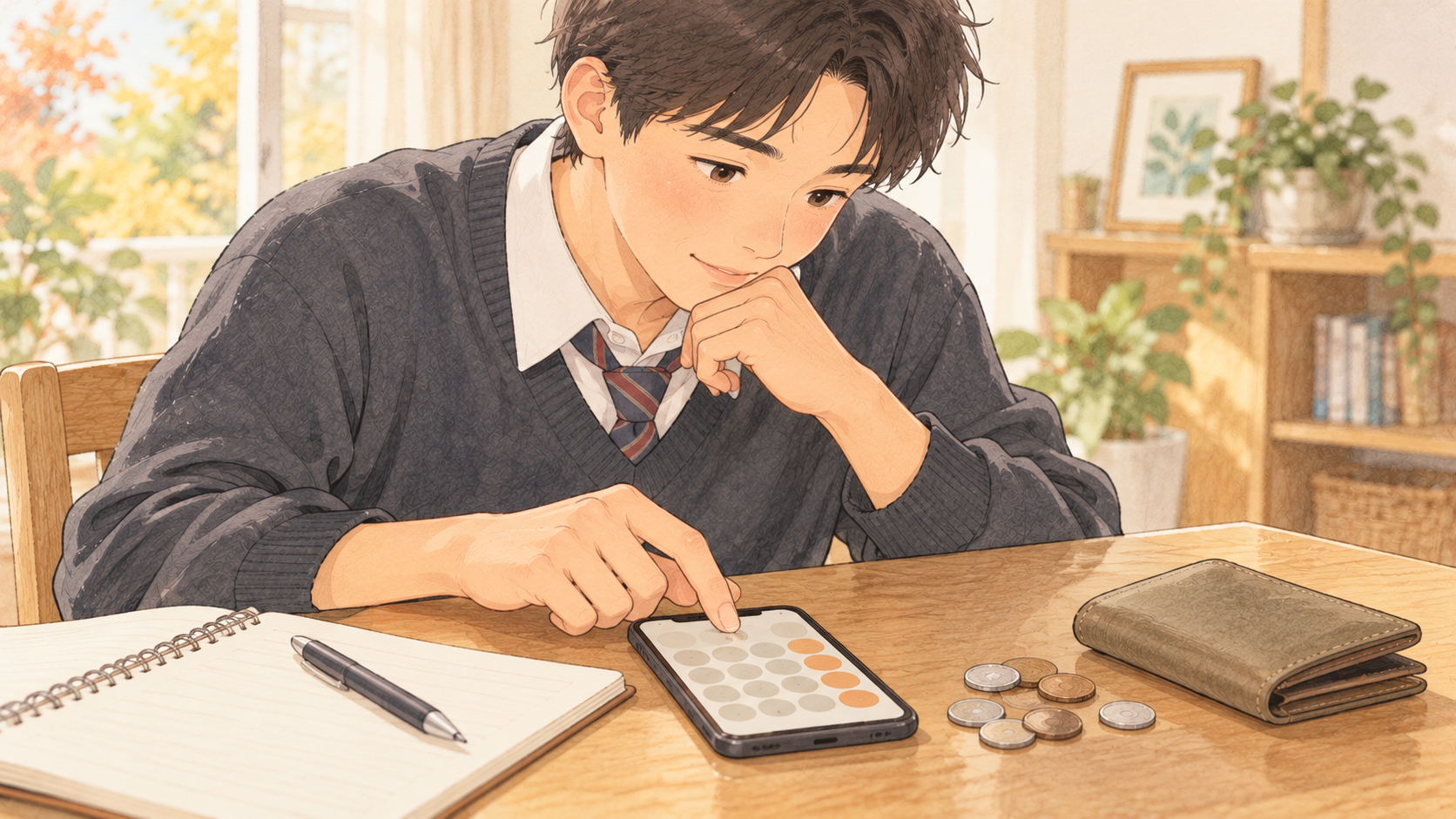 欲しいもののために貯金の計画を考える高校生の息子のイラスト