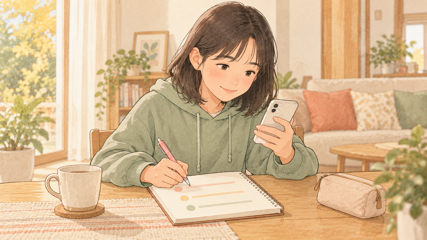 プレゼントの希望を三つにまとめる中学生の娘のイラスト