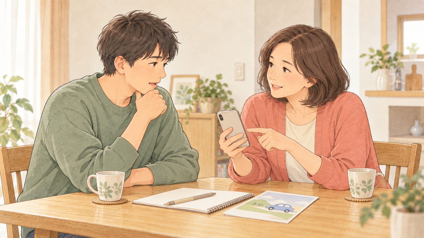 大学生の娘の運転免許の相談をスマホで確認する夫婦のイラスト