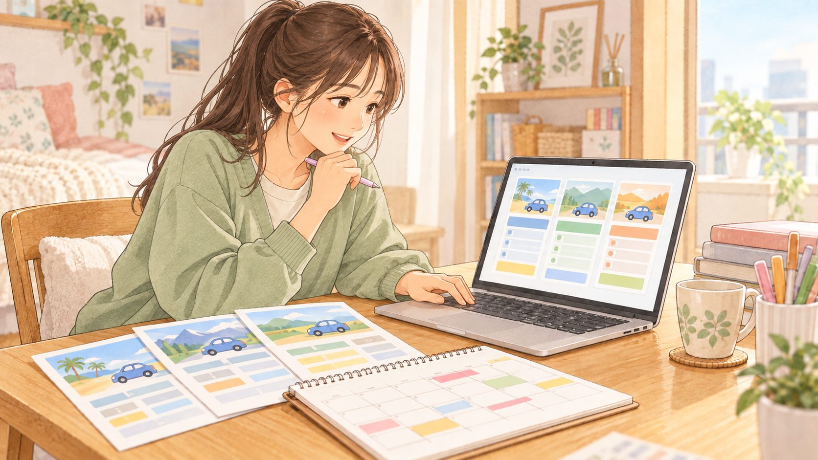 一人暮らしの部屋で合宿免許の日程と費用を調べる大学生のイラスト