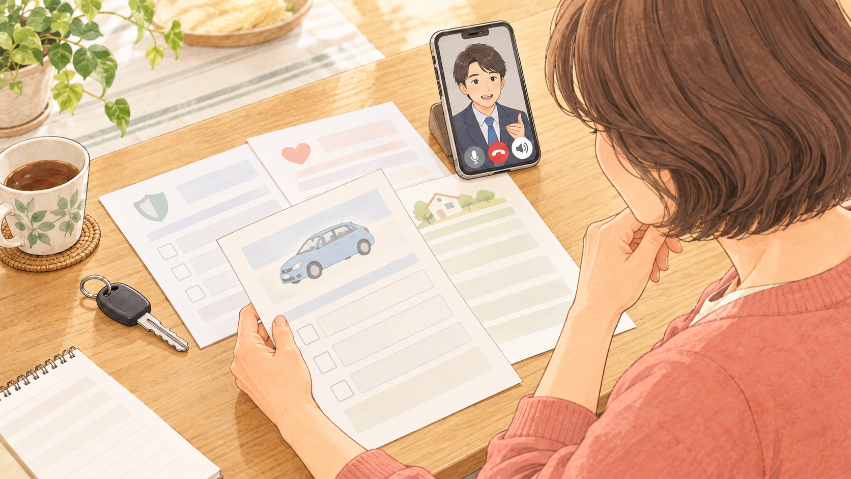 車の保険書類を見ながら電話で確認する母親の手元のイラスト