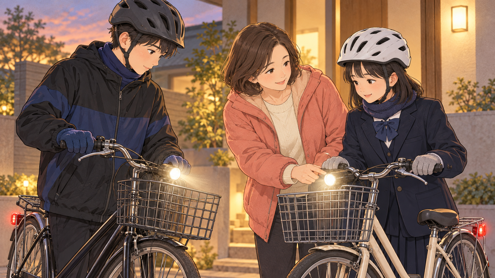夕暮れの家の前で自転車のライトを親子で確認するイラスト