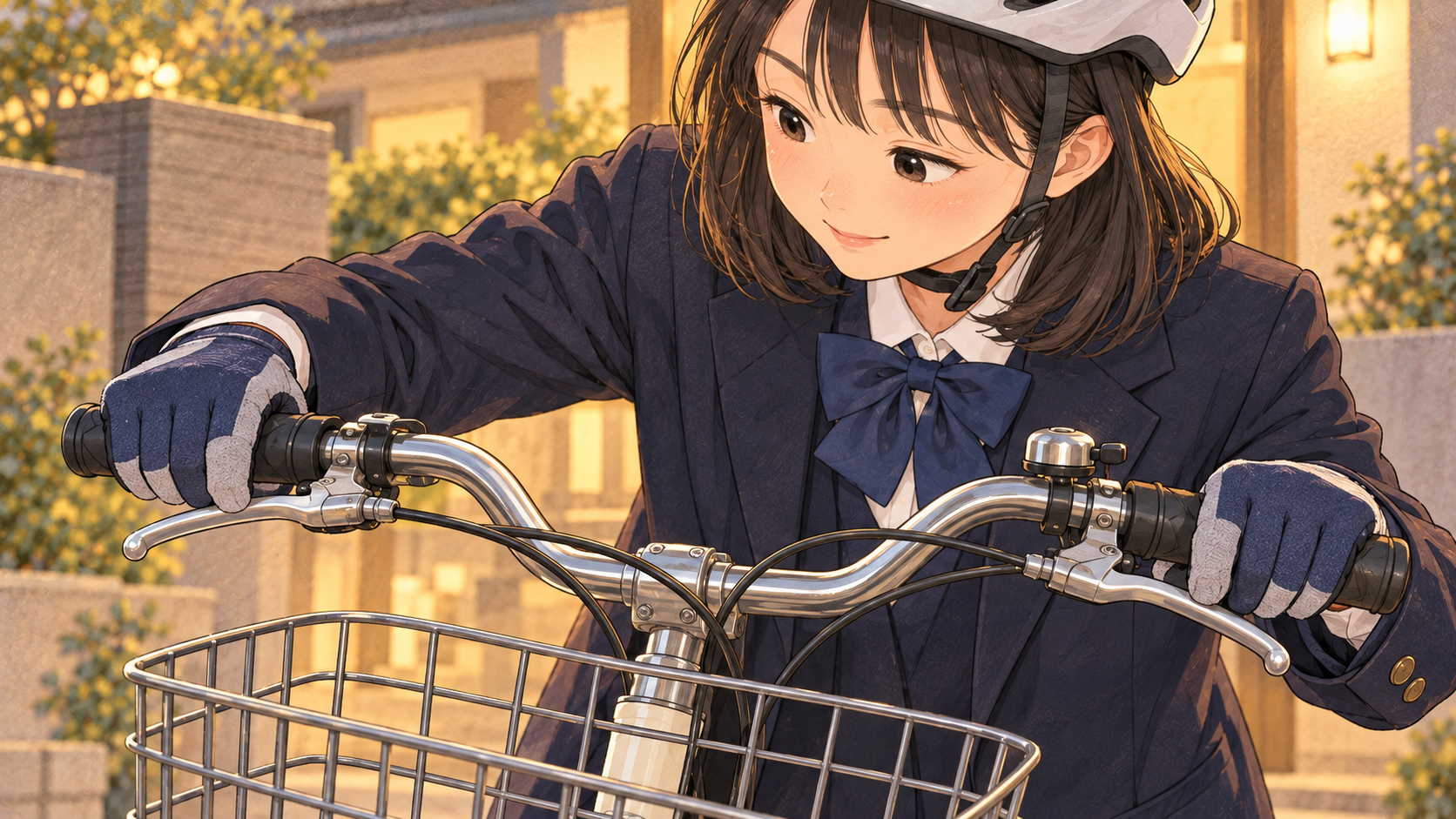 薄手の手袋で自転車のブレーキを握って確かめる手元のイラスト
