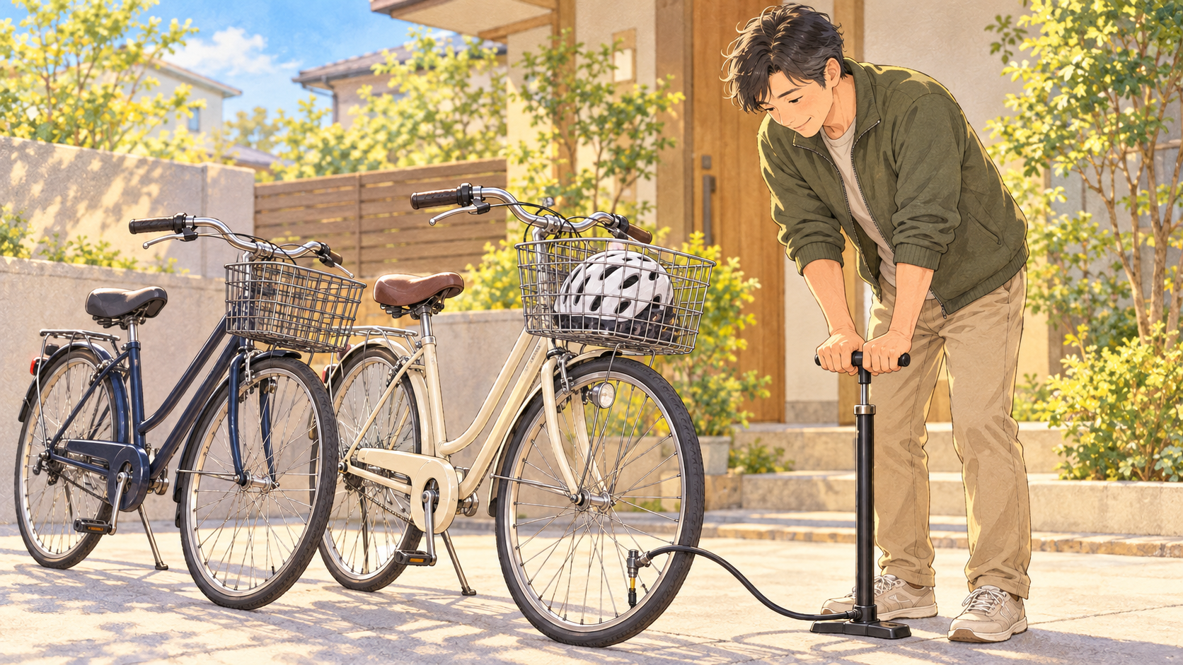 父親が通学用の自転車のタイヤに空気を入れるイラスト